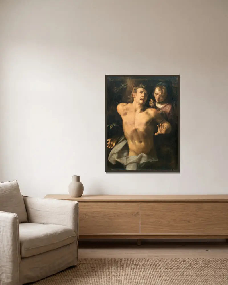Marsyas flås av Cornelis Cornelisz Van Haarlem inramad på en vägg
