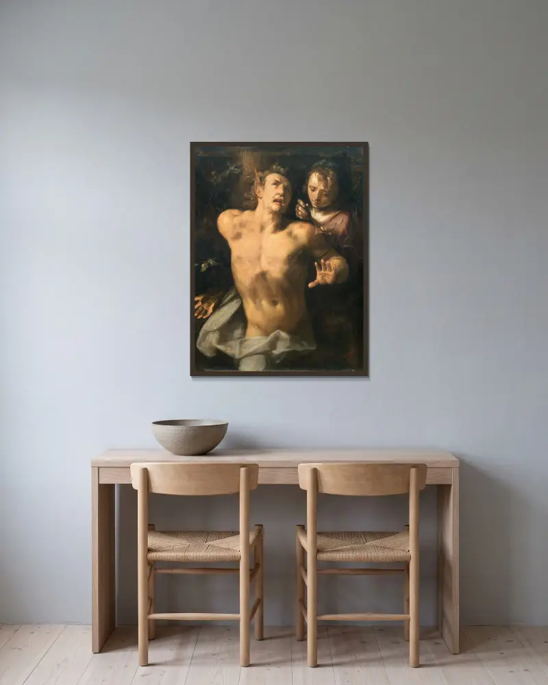 Marsyas flås av Cornelis Cornelisz Van Haarlem inramad på en vägg
