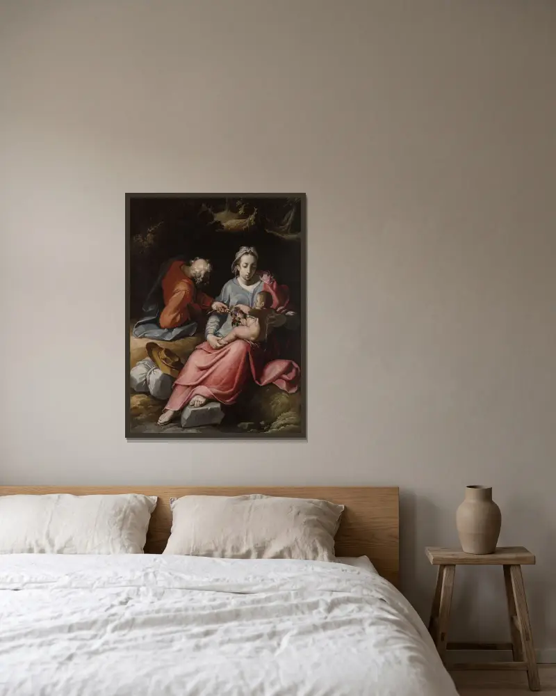 Den heliga familjen av Cornelis Cornelisz Van Haarlem inramad på en vägg