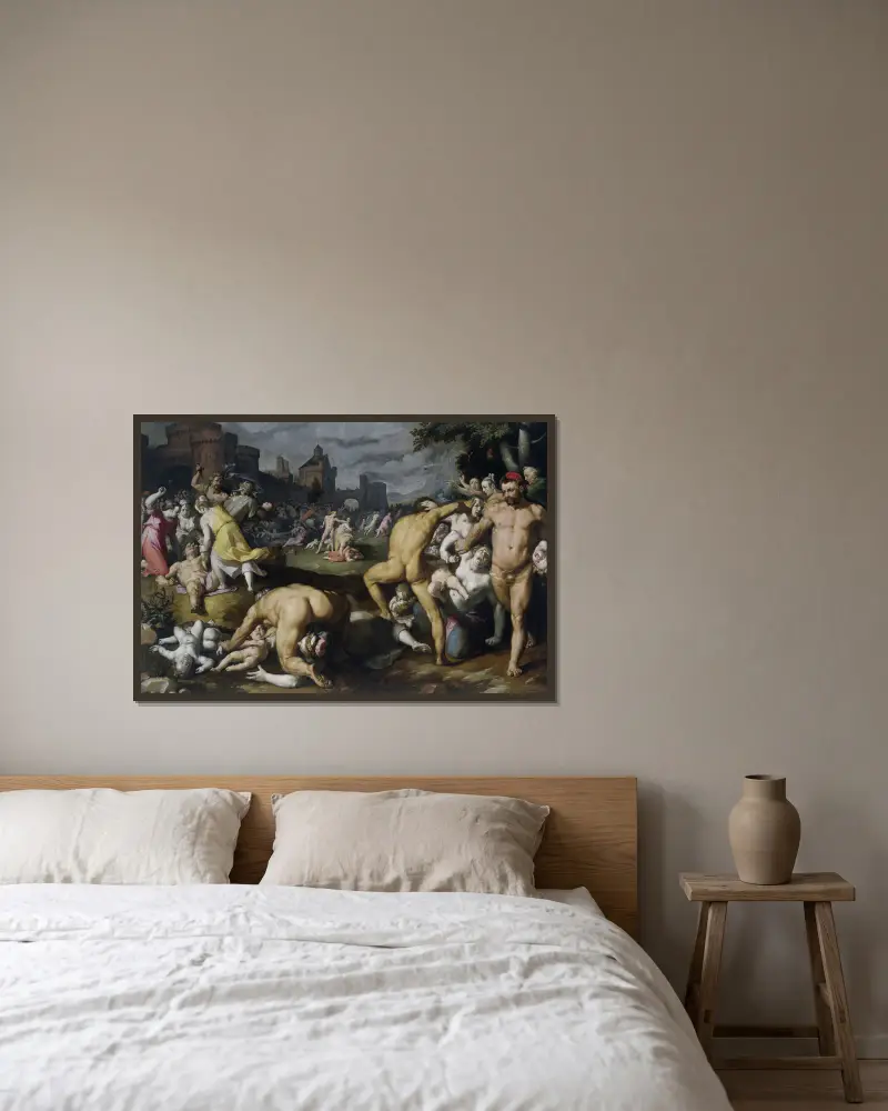 The Massacre of the Innocents av Cornelis Cornelisz Van Haarlem inramad på en vägg