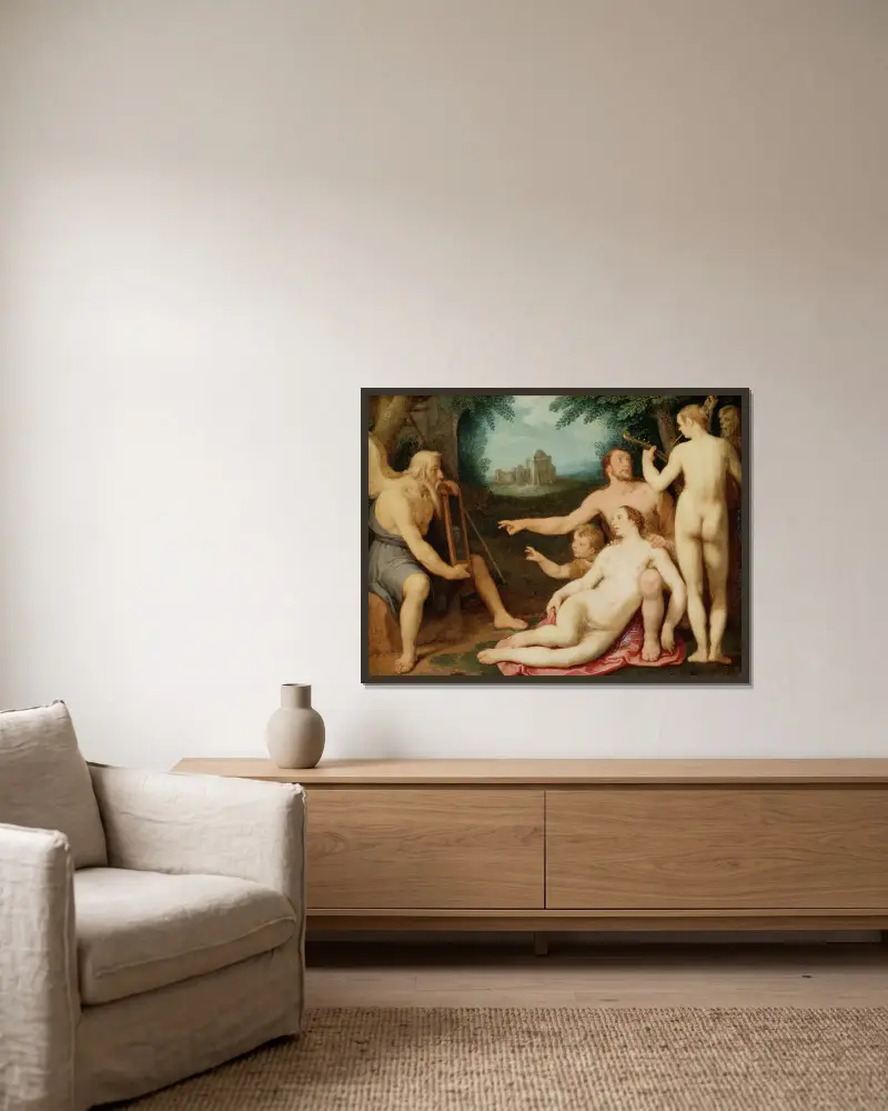 Der Spiegel der Zeit von Cornelis Cornelisz Van Haarlem gerahmt an einer Wand