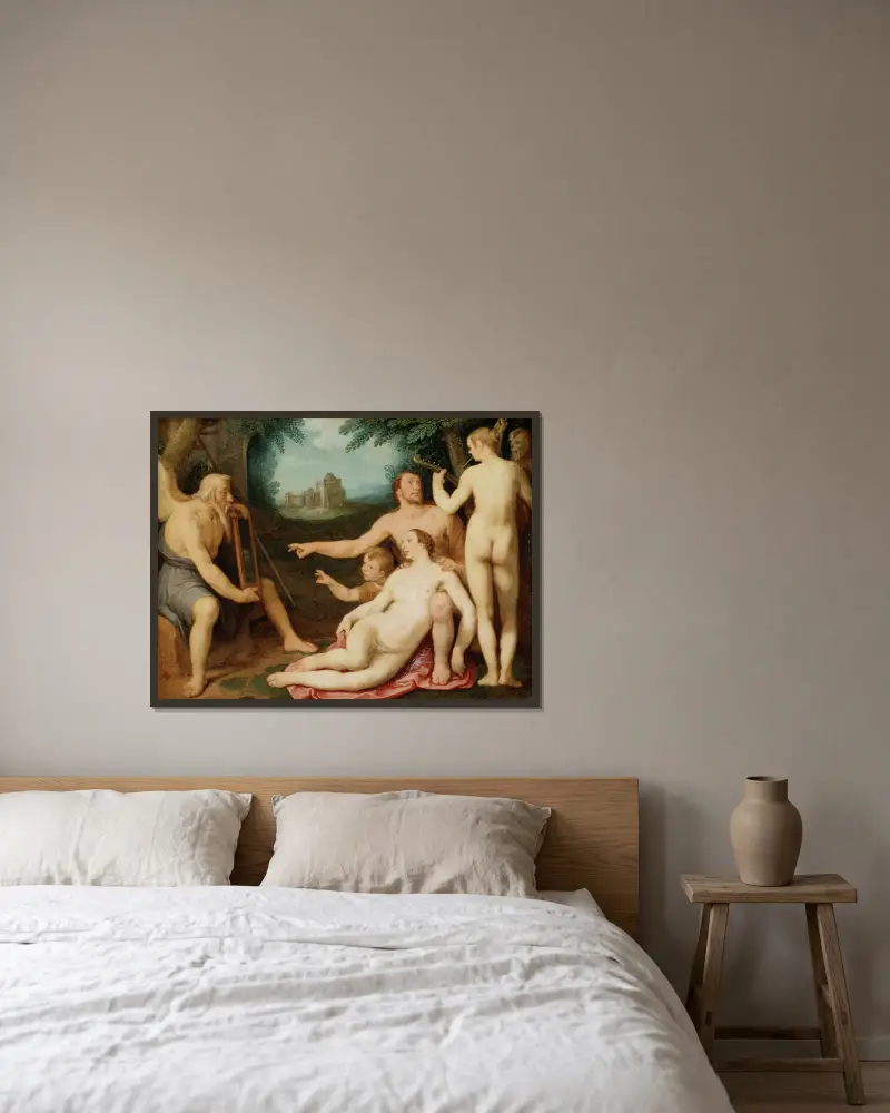 Der Spiegel der Zeit von Cornelis Cornelisz Van Haarlem gerahmt an einer Wand