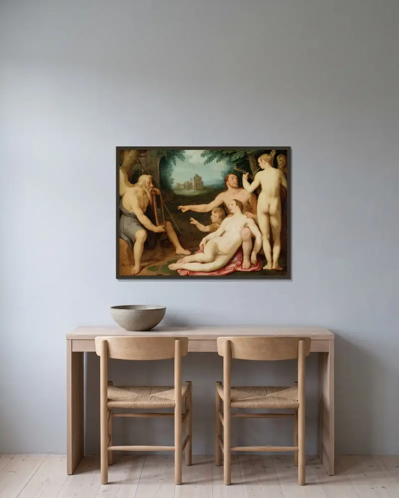 Der Spiegel der Zeit von Cornelis Cornelisz Van Haarlem gerahmt an einer Wand