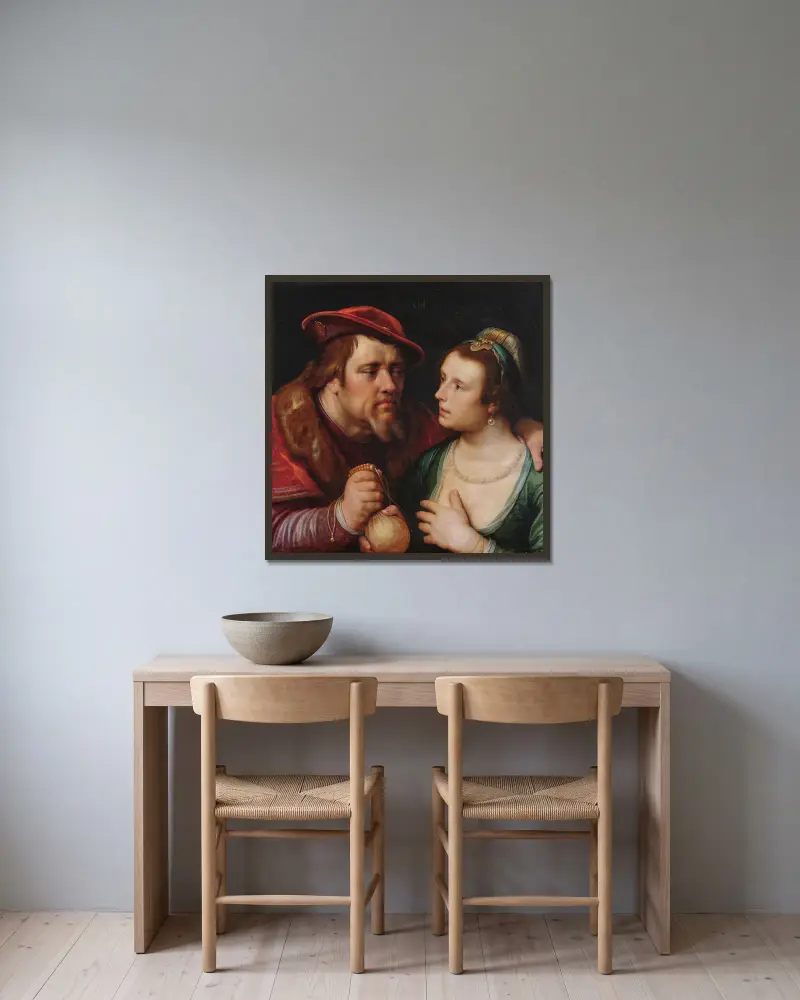 Die ungleichen Liebenden, 1619 – Nr. 1 von Cornelis Cornelisz Van Haarlem gerahmt an einer Wand