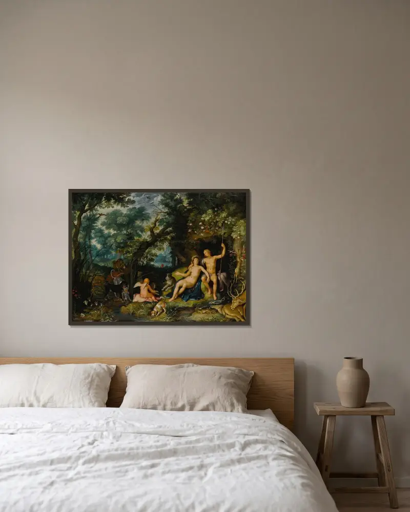 Venus och Adonis vilande i ett vidsträckt landskap, med Cupid och jakthundar och deras byte av Cornelis Cornelisz Van Haarlem inramad på en vägg