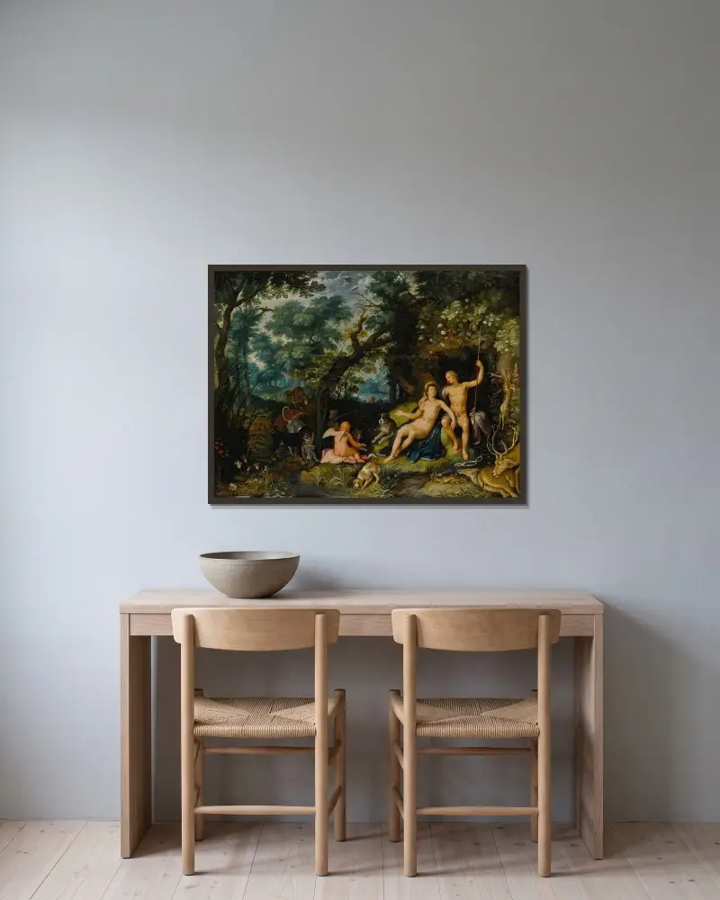 Venus och Adonis vilande i ett vidsträckt landskap, med Cupid och jakthundar och deras byte av Cornelis Cornelisz Van Haarlem inramad på en vägg