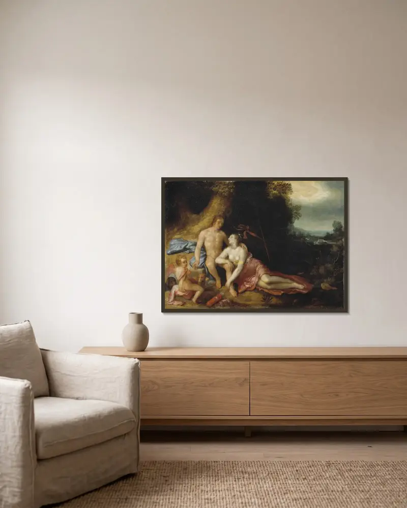 Venus und Adonis von Cornelis Cornelisz Van Haarlem gerahmt an einer Wand