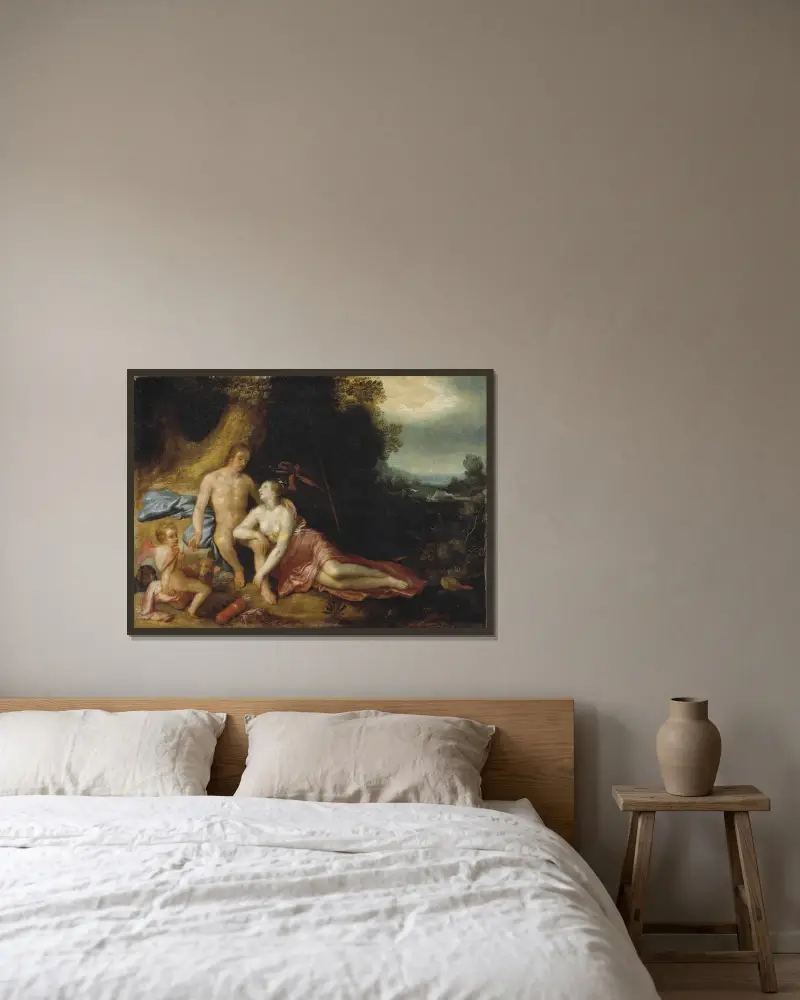Venus und Adonis von Cornelis Cornelisz Van Haarlem gerahmt an einer Wand