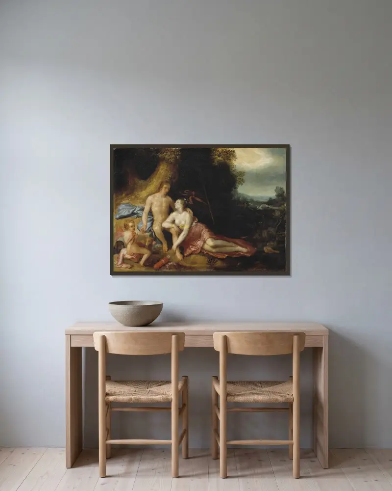Venus und Adonis von Cornelis Cornelisz Van Haarlem gerahmt an einer Wand