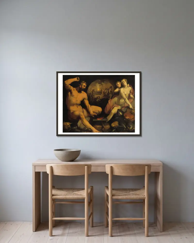 Venus und Vulkan von Cornelis Cornelisz Van Haarlem gerahmt an einer Wand