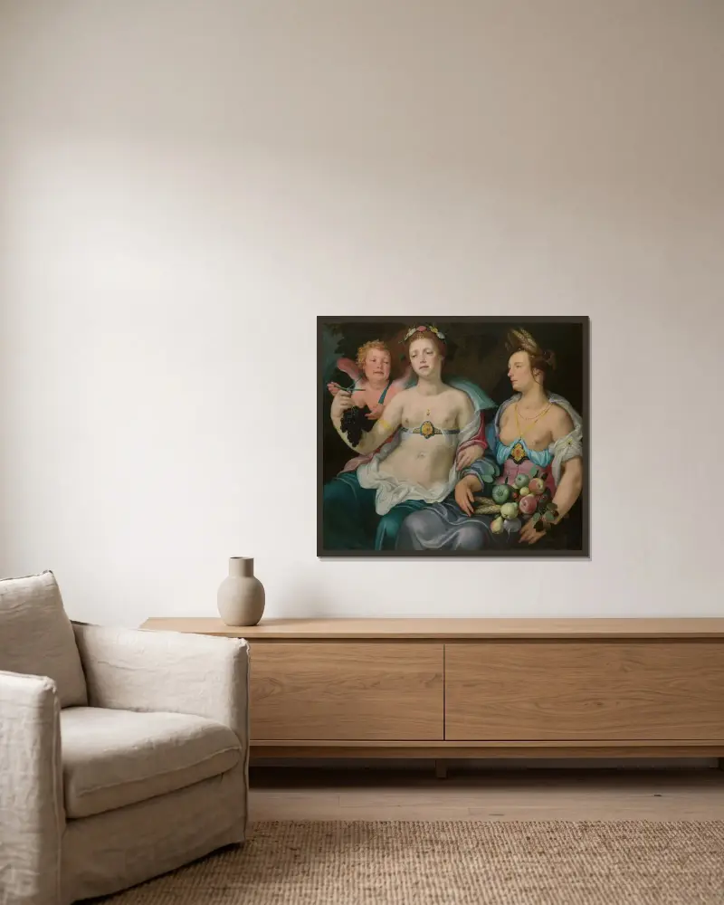 Venus, Cupido och Ceres av Cornelis Cornelisz Van Haarlem inramad på en vägg