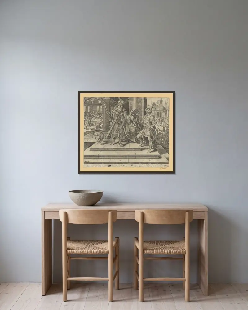 Ahasverus befiehlt, die Juden zu vernichten von Maarten Van Heemskerck gerahmt an einer Wand