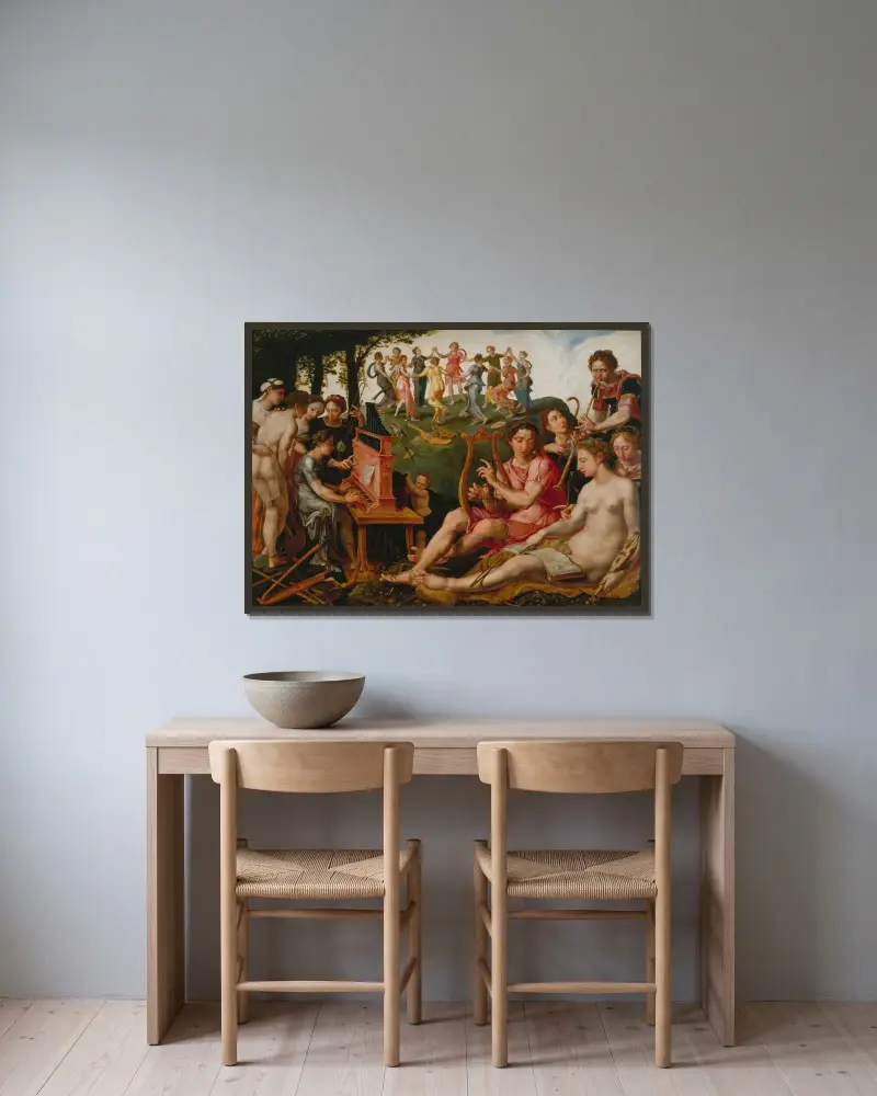 Apollo och muserna av Maarten Van Heemskerck inramad på en vägg