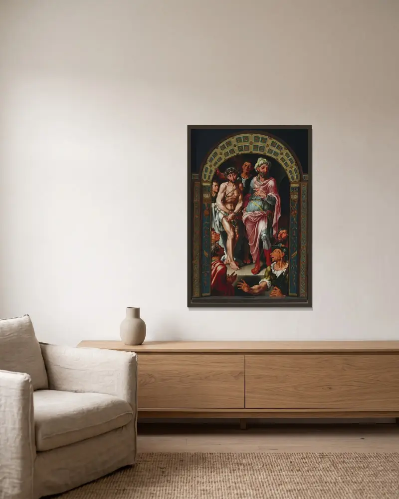 Ecce Homo-triptyk med grundläggarens porträtt på flyglarna av Maarten Van Heemskerck inramad på en vägg