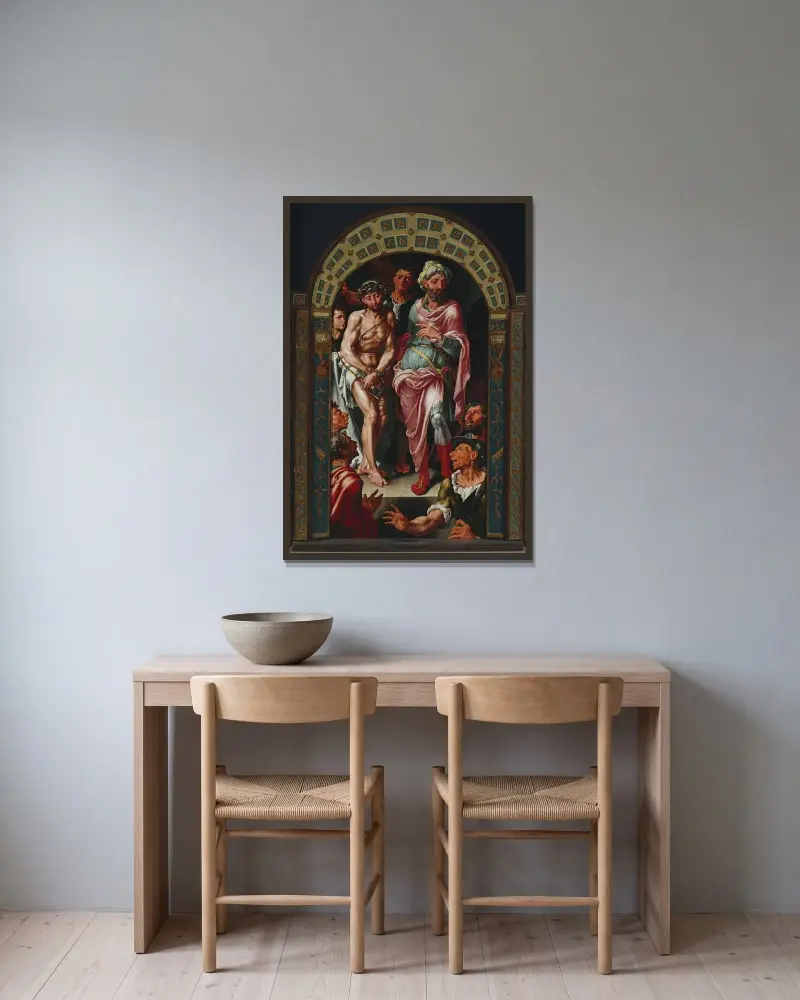 Ecce Homo-triptyk med grundläggarens porträtt på flyglarna av Maarten Van Heemskerck inramad på en vägg
