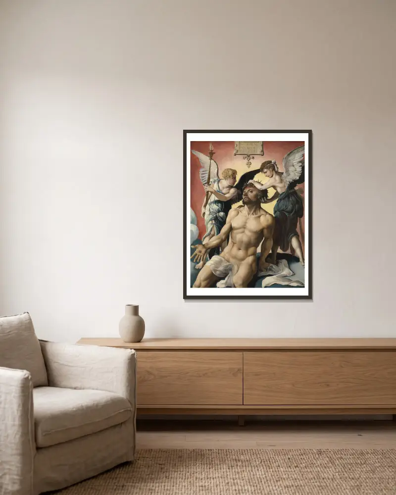 Man of Sorrows av Maarten Van Heemskerck inramad på en vägg