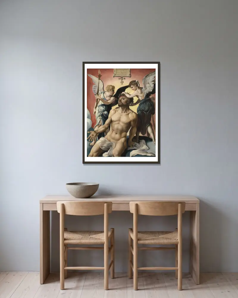 Man of Sorrows av Maarten Van Heemskerck inramad på en vägg