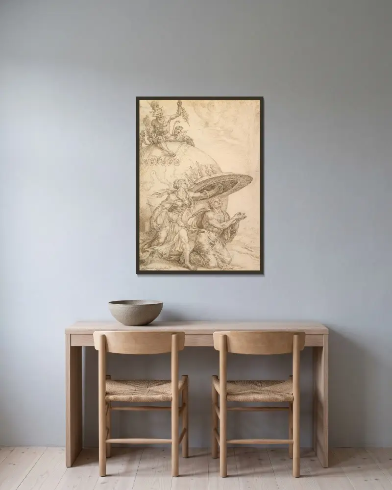 Man skyddad av trons sköld av Maarten Van Heemskerck inramad på en vägg