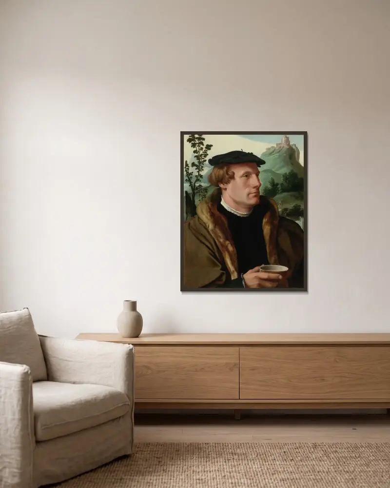 Porträtt av en herre i pälsfodrad mantel av Maarten Van Heemskerck inramad på en vägg
