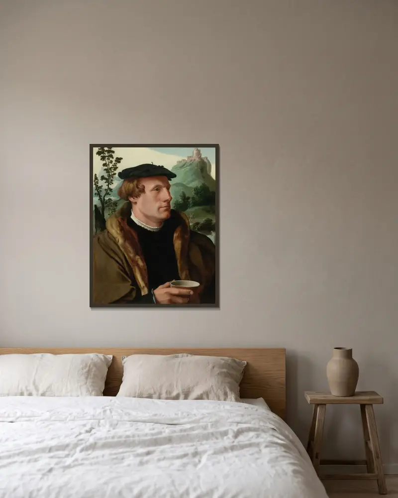 Porträtt av en herre i pälsfodrad mantel av Maarten Van Heemskerck inramad på en vägg