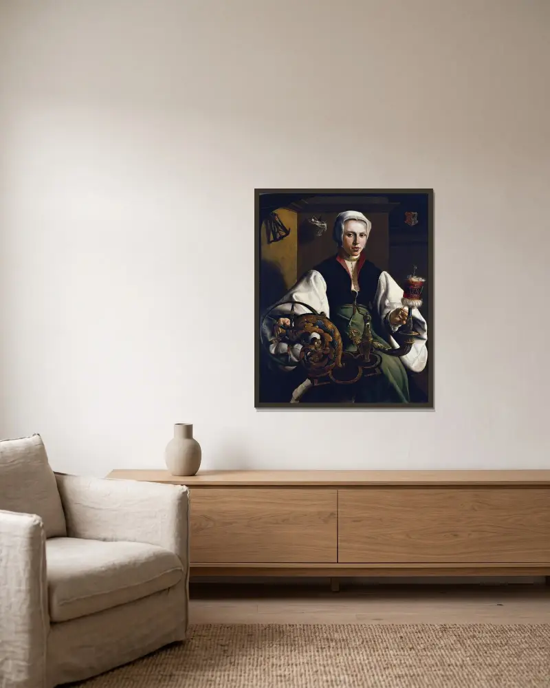 Bildnis einer spinnenden Frau von Maarten Van Heemskerck gerahmt an einer Wand