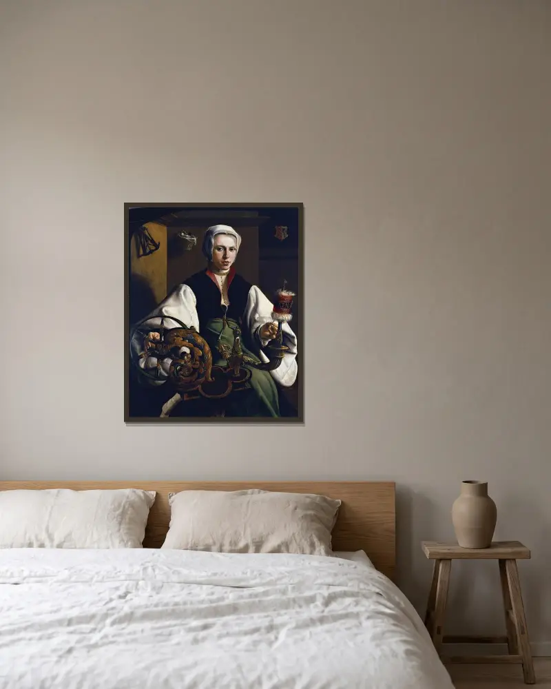 Bildnis einer spinnenden Frau von Maarten Van Heemskerck gerahmt an einer Wand