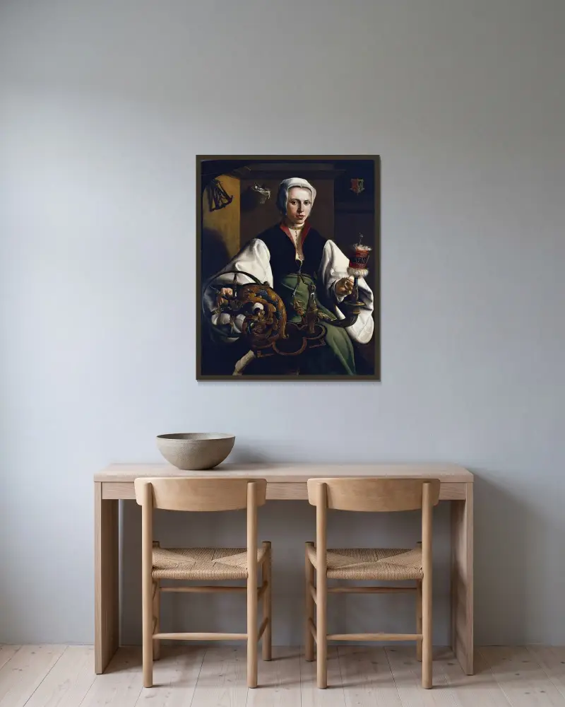 Bildnis einer spinnenden Frau von Maarten Van Heemskerck gerahmt an einer Wand
