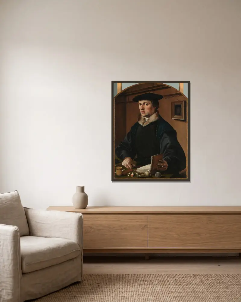 Bildnis eines Mannes, möglicherweise Pieter Gerritsz Bicker von Maarten Van Heemskerck gerahmt an einer Wand