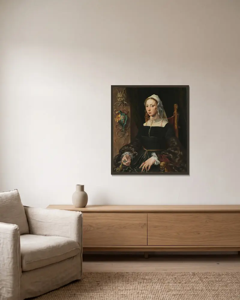 Porträtt av Machtelt Suijs av Maarten Van Heemskerck inramad på en vägg