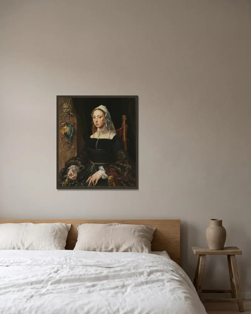 Porträtt av Machtelt Suijs av Maarten Van Heemskerck inramad på en vägg