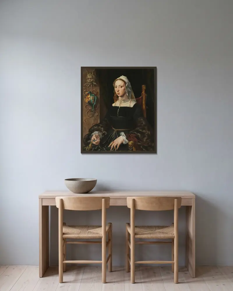 Porträtt av Machtelt Suijs av Maarten Van Heemskerck inramad på en vägg