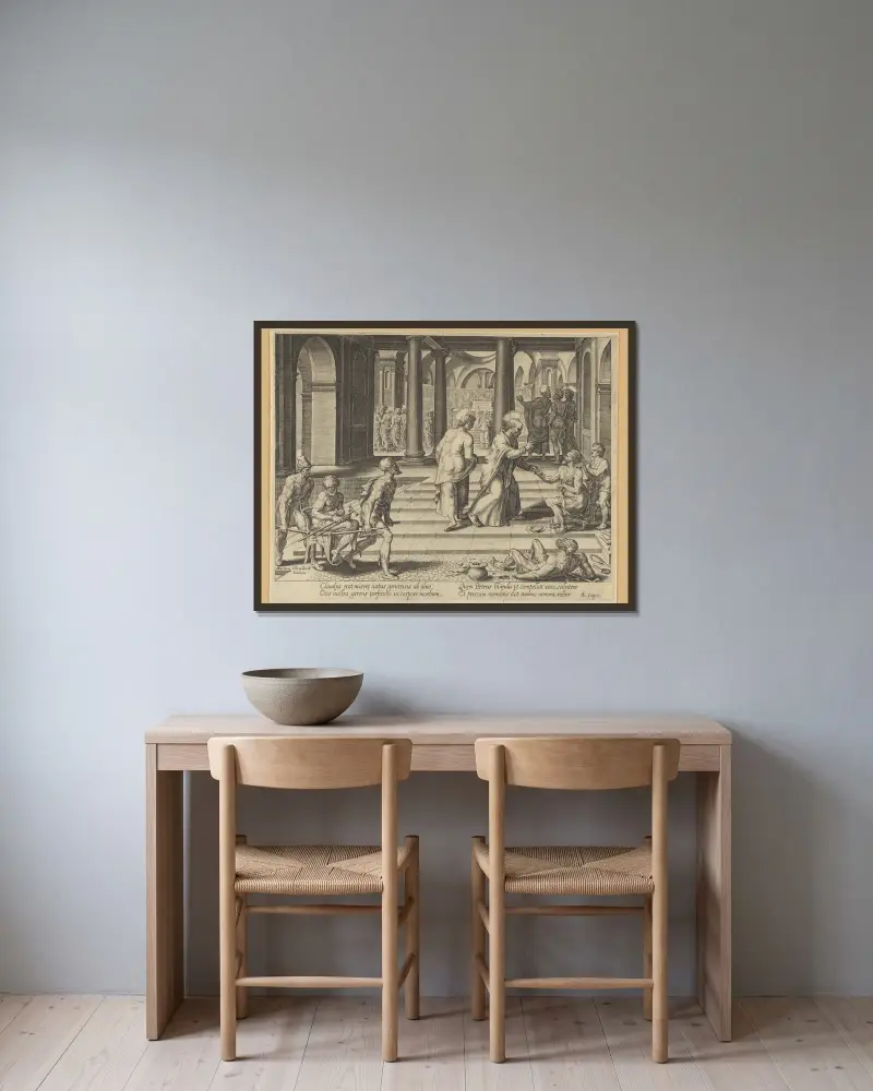Petrus botar den lame vid den sköna porten av Maarten Van Heemskerck inramad på en vägg