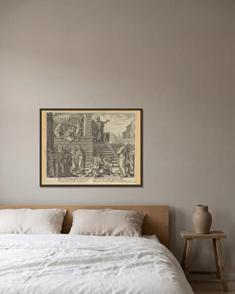 Petr káže v Jeruzalémě, 1575, Maarten Van Heemskerck v rámu na stěně