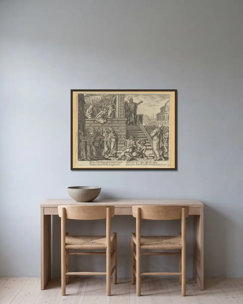 Petr káže v Jeruzalémě, 1575, Maarten Van Heemskerck v rámu na stěně