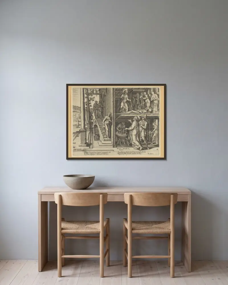 Der heilige Petrus erweckt Tabitha in Joppe von Maarten Van Heemskerck gerahmt an einer Wand