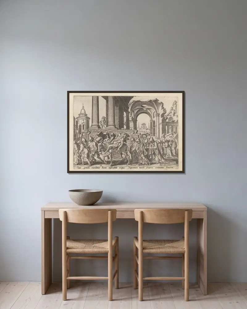 The Burial of Samson av Maarten Van Heemskerck inramad på en vägg