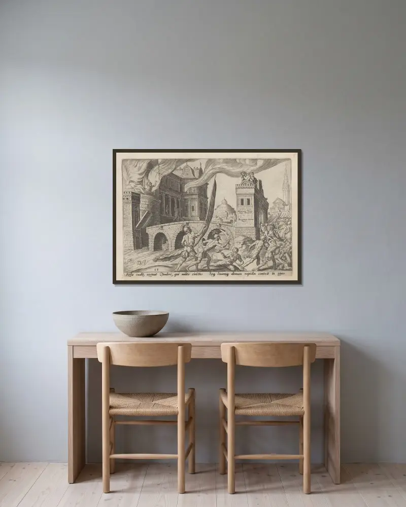 Die Eroberung von Tirza von Maarten Van Heemskerck gerahmt an einer Wand
