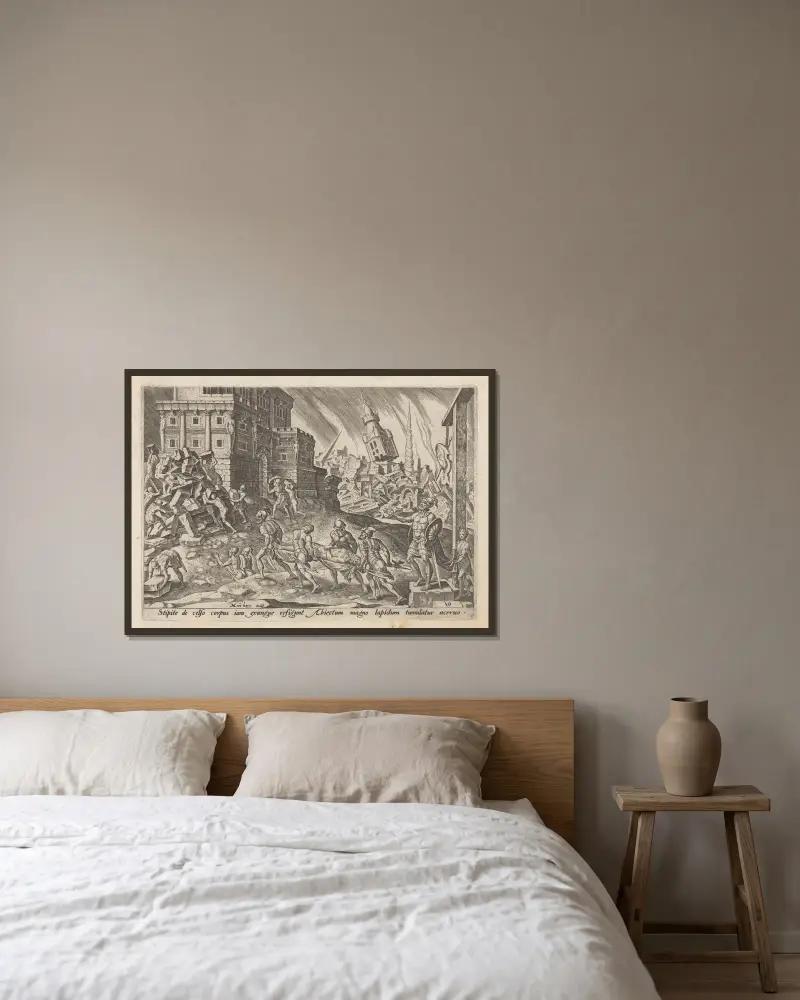 Kungen av Ais döda kropp bärs till stadsporten av Maarten Van Heemskerck inramad på en vägg