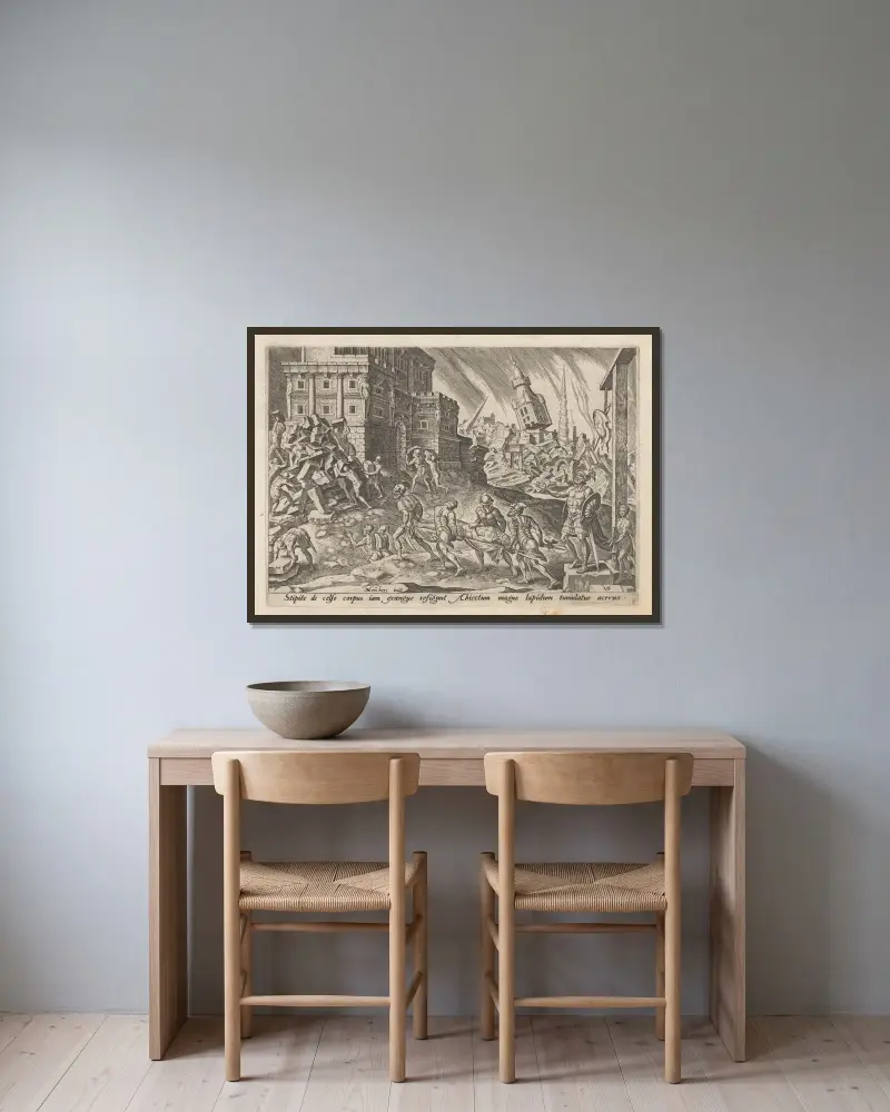 Kungen av Ais döda kropp bärs till stadsporten av Maarten Van Heemskerck inramad på en vägg