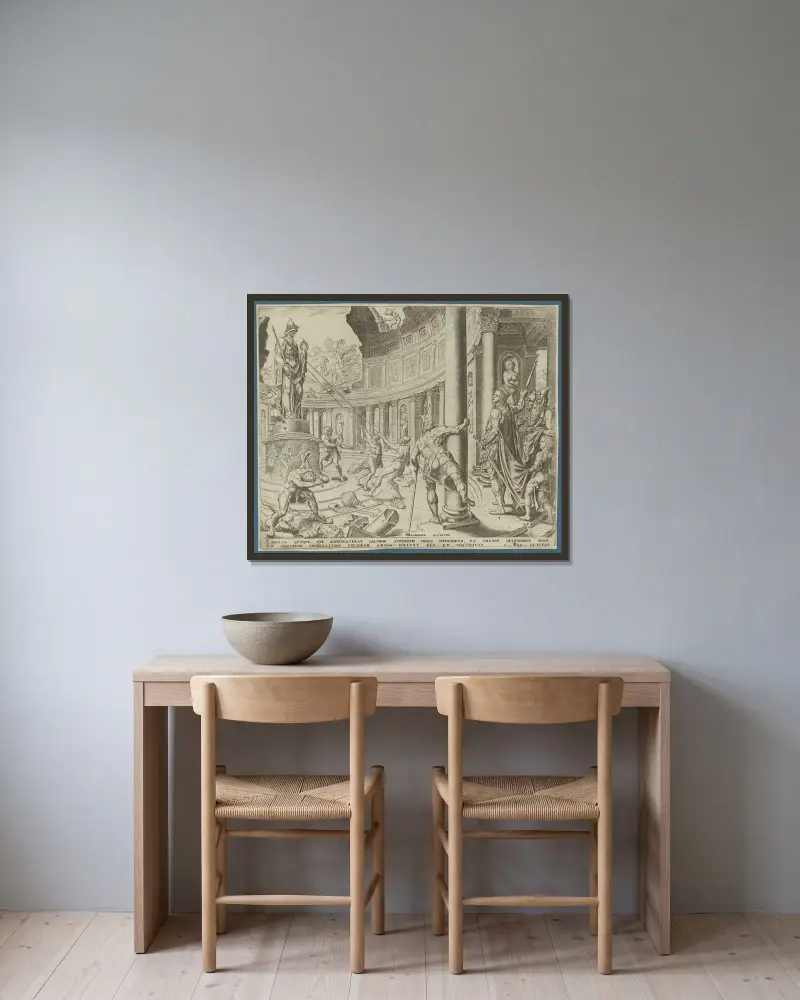 Förstörelsen av Astorets, Kemoshs och Milkoms tempel av Maarten Van Heemskerck inramad på en vägg
