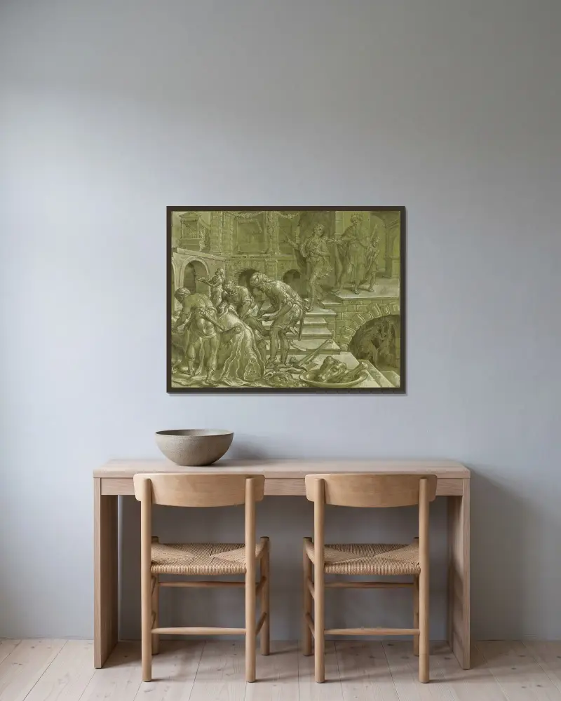 Liknelsen om kungen som ordnade ett bröllop av Maarten Van Heemskerck inramad på en vägg