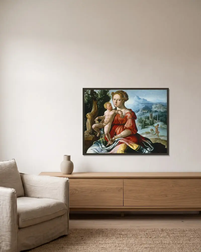 Die Ruhe auf der Flucht nach Ägypten von Maarten Van Heemskerck gerahmt an einer Wand
