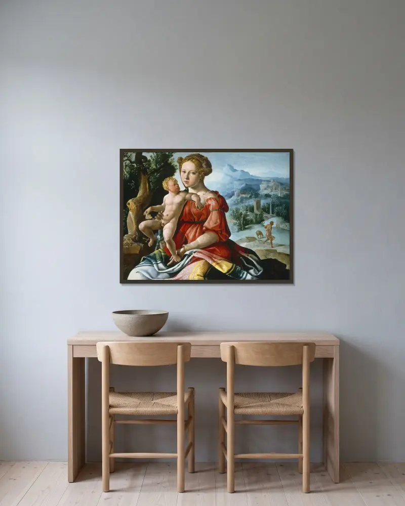 Die Ruhe auf der Flucht nach Ägypten von Maarten Van Heemskerck gerahmt an einer Wand