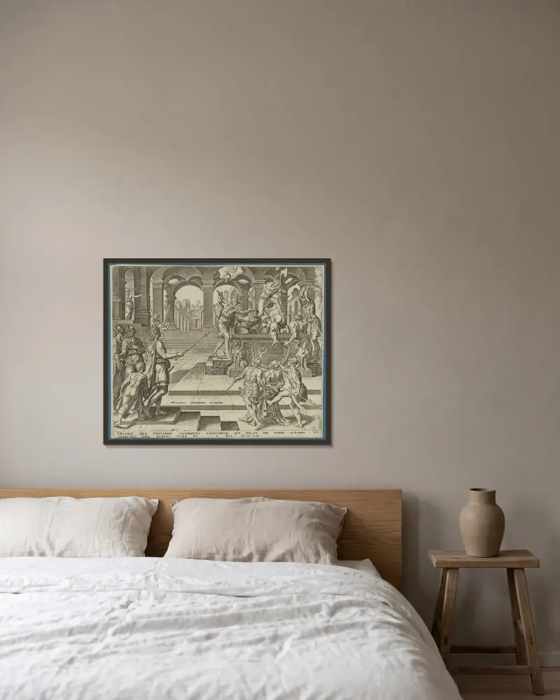 Die Ermordung der Priester von Samaria von Maarten Van Heemskerck gerahmt an einer Wand