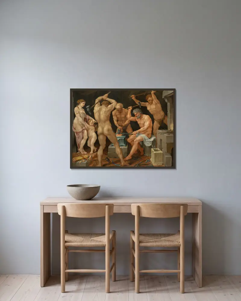 Venus and Amor in the forge of Vulcan av Maarten Van Heemskerck inramad på en vägg