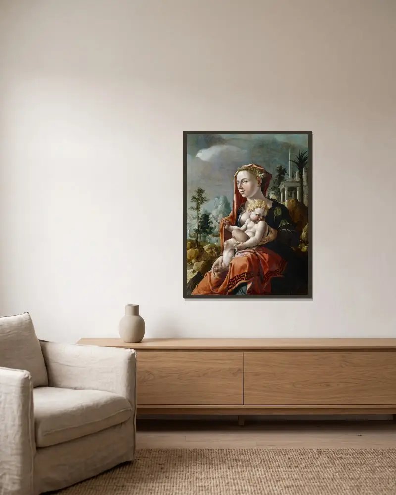 Jungfru med barnet framför ett landskap av Maarten Van Heemskerck inramad på en vägg