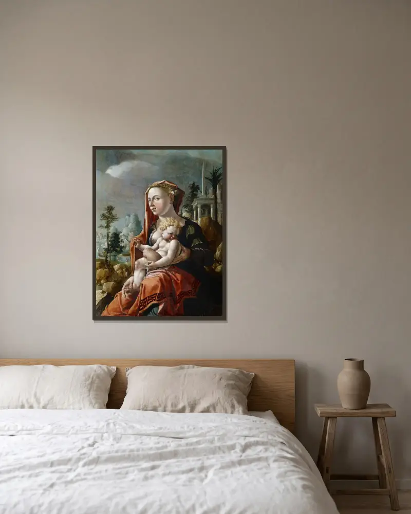 Jungfru med barnet framför ett landskap av Maarten Van Heemskerck inramad på en vägg