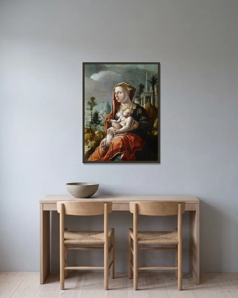 Jungfru med barnet framför ett landskap av Maarten Van Heemskerck inramad på en vägg