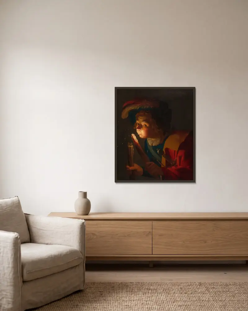 En pojke blåser på en fackla av Gerard van Honthorst inramad på en vägg