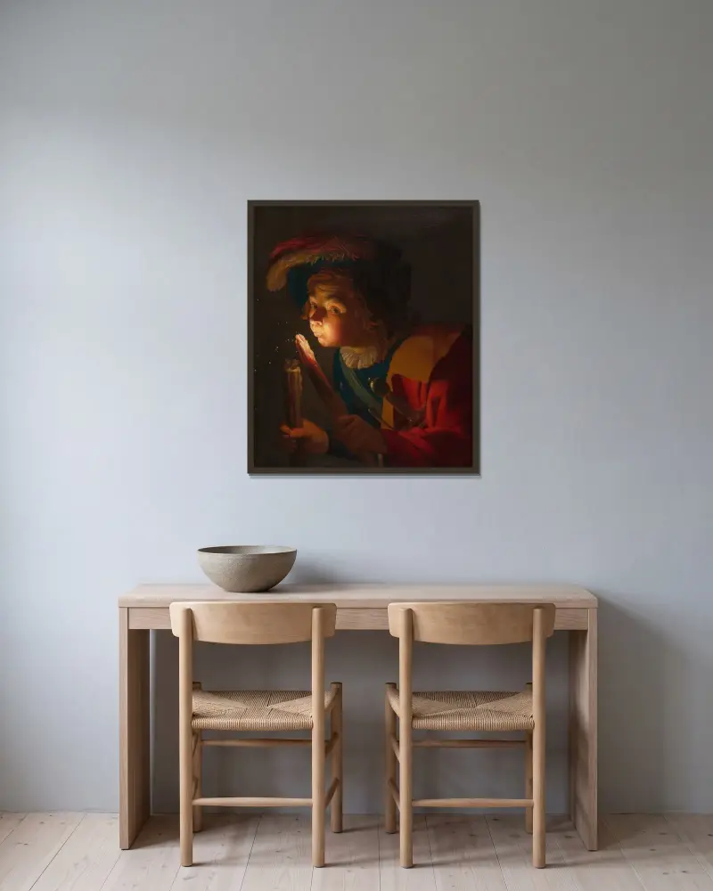 En pojke blåser på en fackla av Gerard van Honthorst inramad på en vägg